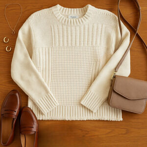 Madewell Stitchmix Pullover Sweater – Ivory | Women’s Small | Merino Wool Blend